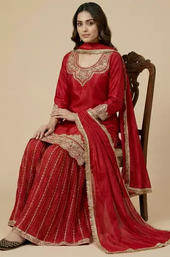 Red designer faux silk readymade designer suit