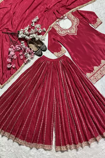 Red designer faux silk readymade designer suit