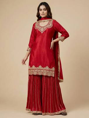 Red designer faux silk readymade designer suit 4