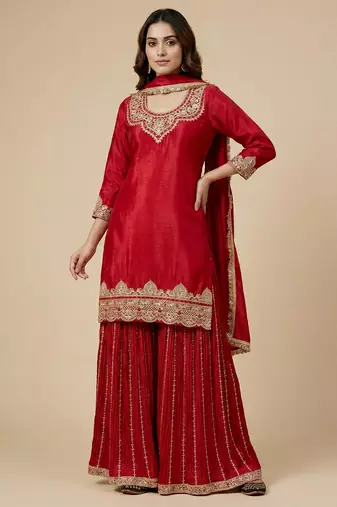 Red designer faux silk readymade designer suit
