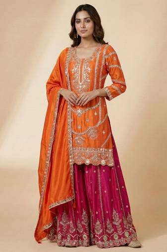 Orange designer faux silk readymade designer suit