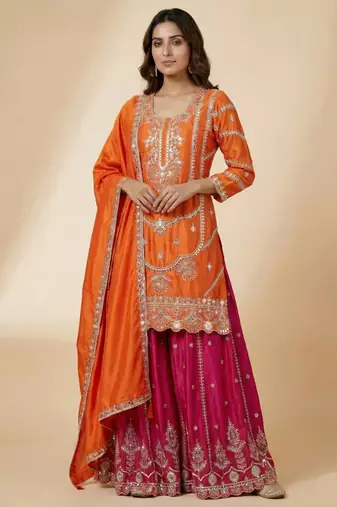 Orange designer faux silk readymade designer suit