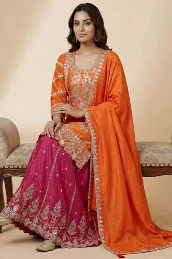 Orange designer faux silk readymade designer suit