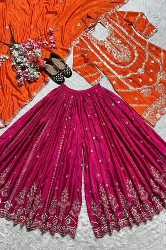 Orange designer faux silk readymade designer suit