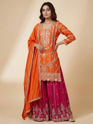 Orange designer faux silk readymade designer suit 4