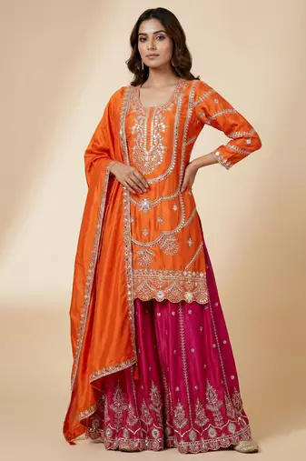 Orange designer faux silk readymade designer suit