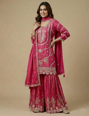 Pink designer faux silk readymade designer suit 1