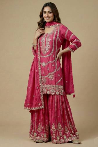 Pink designer faux silk readymade designer suit
