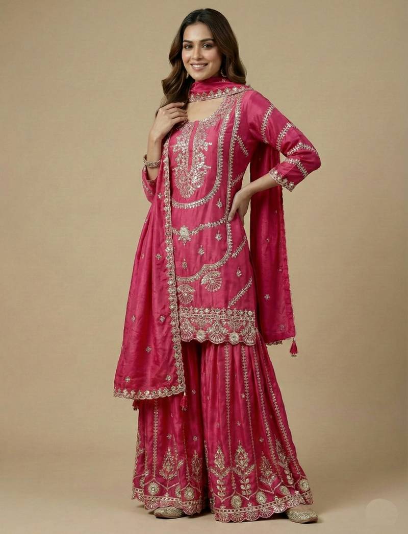Pink designer faux silk readymade designer suit