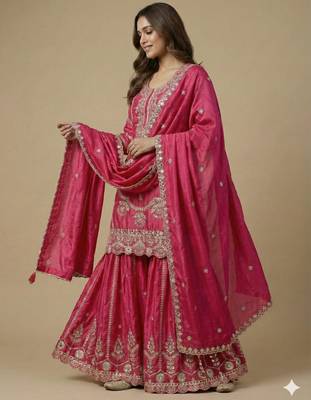 Pink designer faux silk readymade designer suit 2