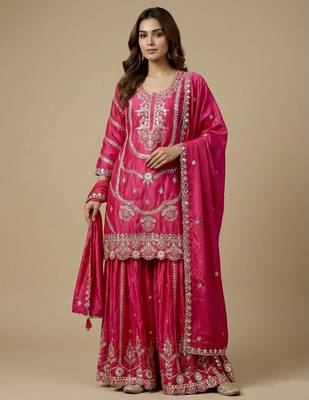 Pink designer faux silk readymade designer suit 4