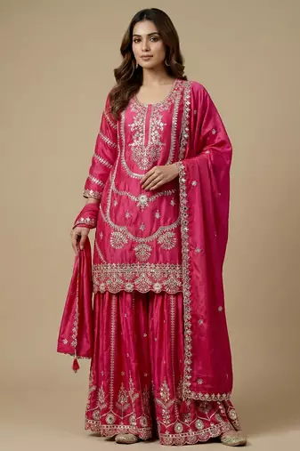 Pink designer faux silk readymade designer suit