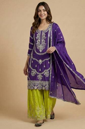 Purple designer faux silk readymade designer suit