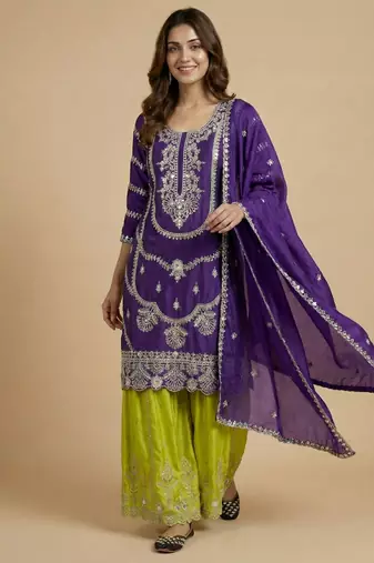 Purple designer faux silk readymade designer suit