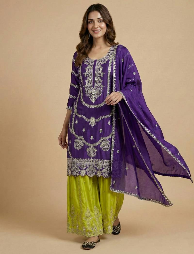Purple designer faux silk readymade designer suit