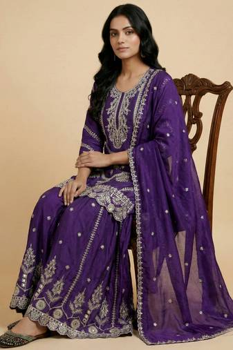 Purple designer faux silk readymade designer suit