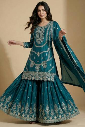Teal designer faux silk readymade designer suit