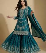 Teal designer faux silk readymade designer suit