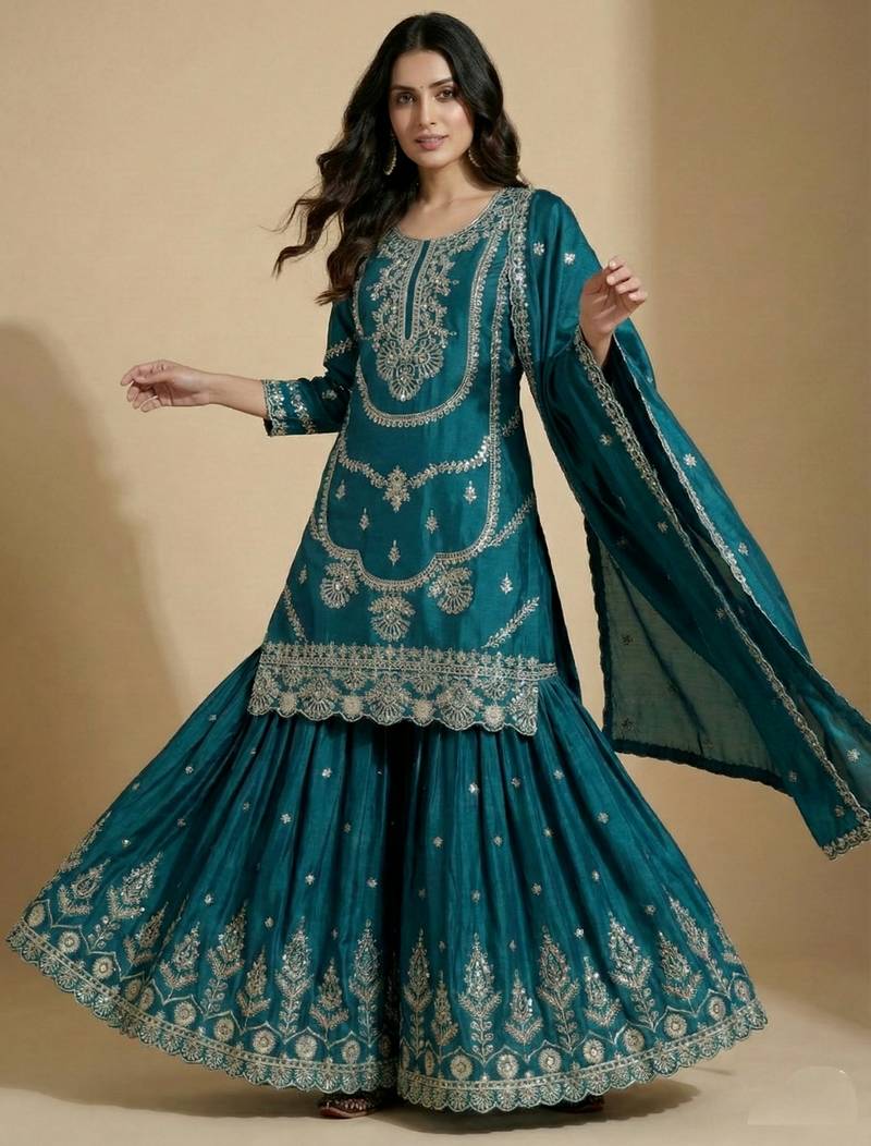 Teal designer faux silk readymade designer suit