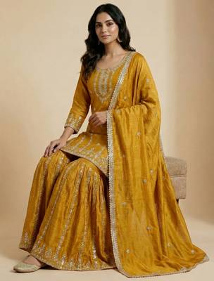 Mustard designer faux silk readymade designer suit 1
