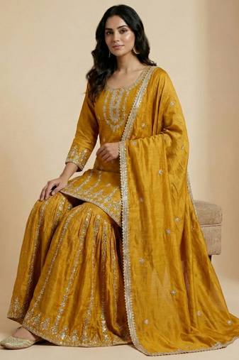 Mustard designer faux silk readymade designer suit