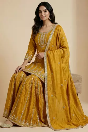 Mustard designer faux silk readymade designer suit