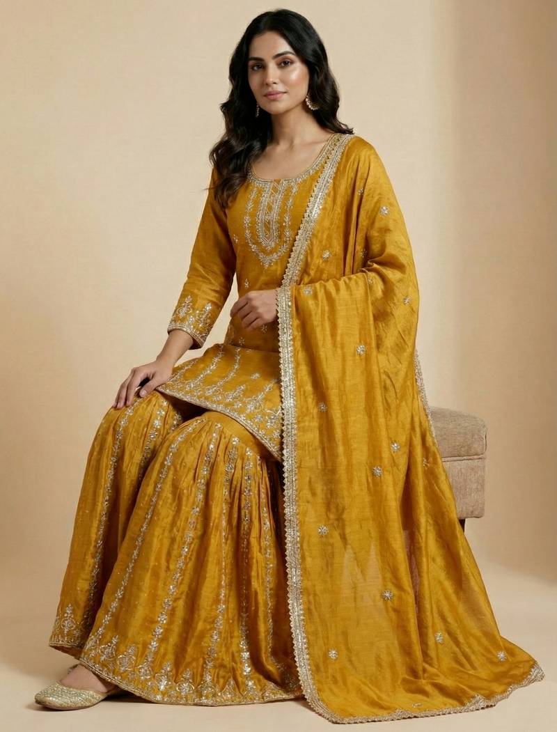Mustard designer faux silk readymade designer suit