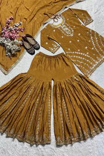 Mustard designer faux silk readymade designer suit