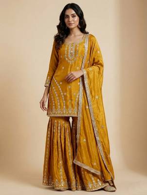 Mustard designer faux silk readymade designer suit 4