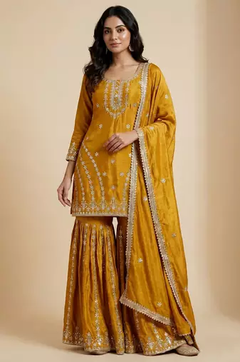 Mustard designer faux silk readymade designer suit