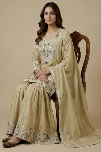 Cream designer crepe readymade designer suit