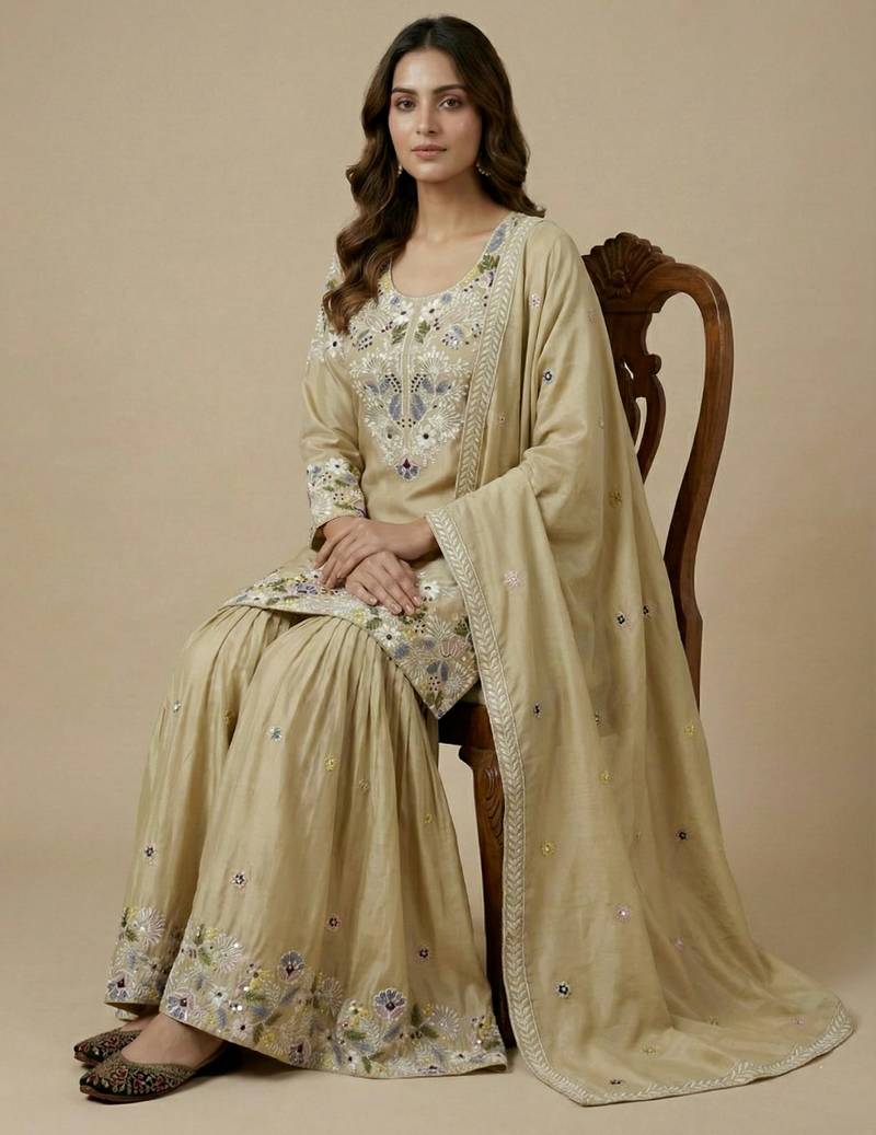 Cream designer crepe readymade designer suit