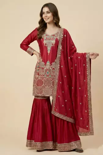 Pink designer faux silk readymade designer suit