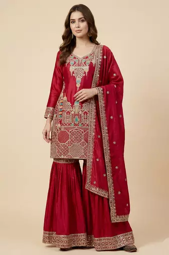 Pink designer faux silk readymade designer suit