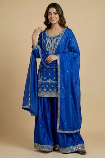 Blue designer faux silk readymade designer suit