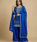 Blue designer faux silk readymade designer suit