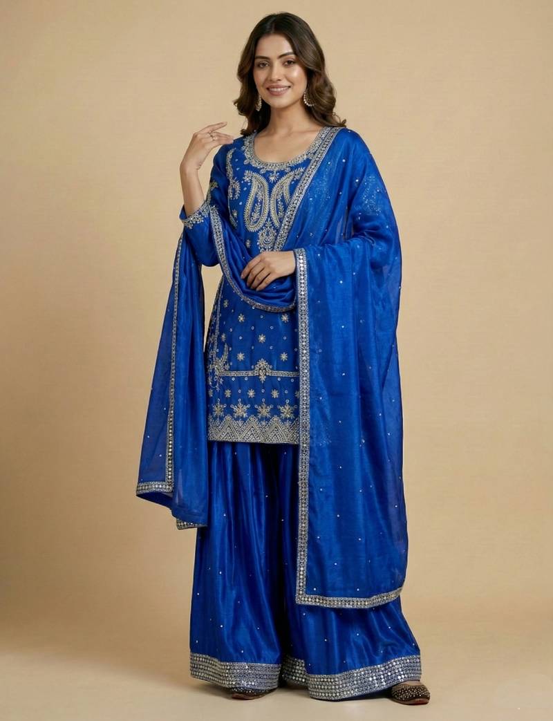 Blue designer faux silk readymade designer suit