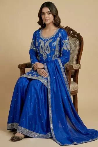 Blue designer faux silk readymade designer suit