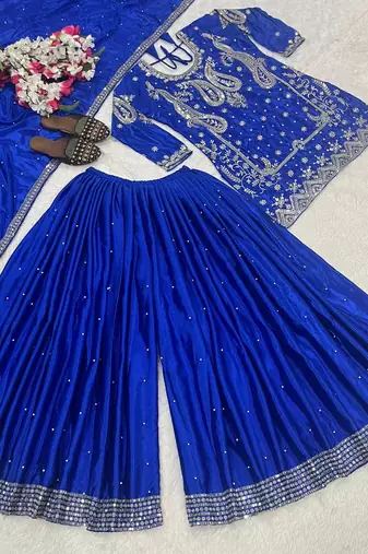 Blue designer faux silk readymade designer suit