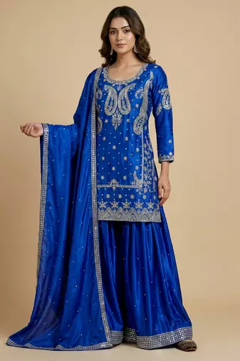 Blue designer faux silk readymade designer suit