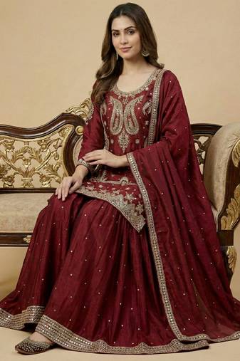 Maroon designer faux silk readymade designer suit