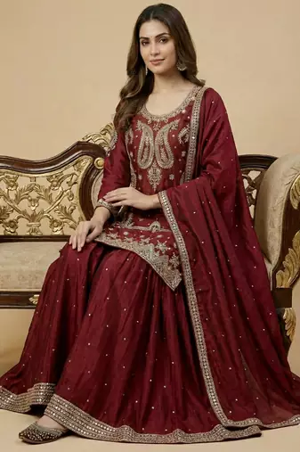 Maroon designer faux silk readymade designer suit