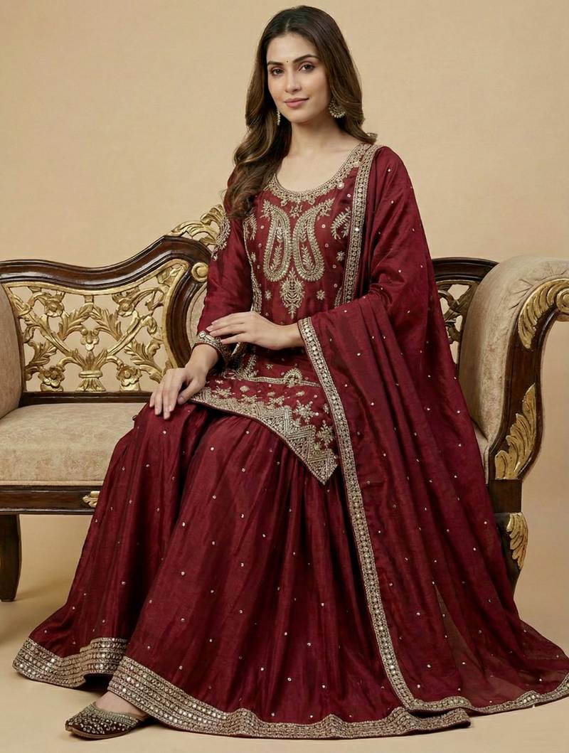 Maroon designer faux silk readymade designer suit