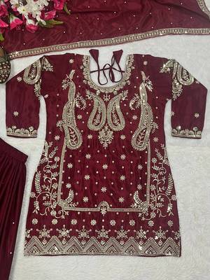 Maroon designer faux silk readymade designer suit 3