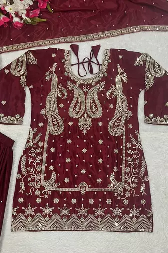 Maroon designer faux silk readymade designer suit