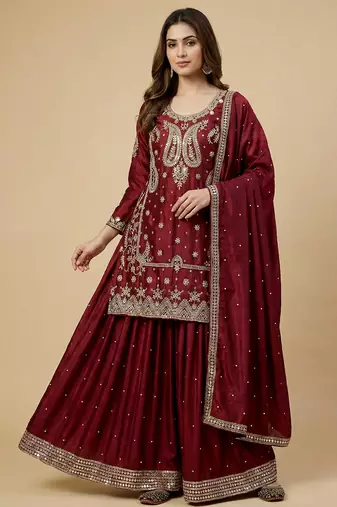 Maroon designer faux silk readymade designer suit