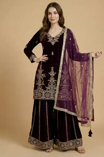 Maroon designer velvet readymade designer suit