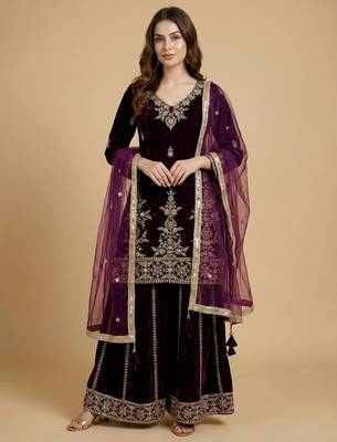 Maroon designer velvet readymade designer suit 3