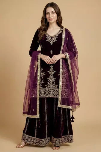 Maroon designer velvet readymade designer suit