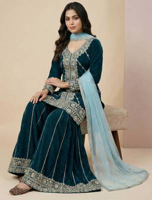 Teal designer velvet readymade designer suit 1